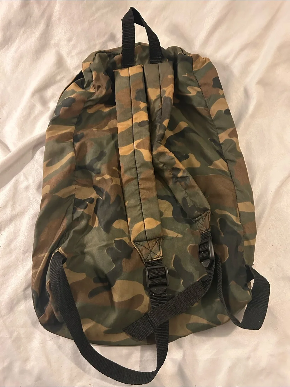 Camo Print Child Sized Nylon Backpack - Olive/Brown. Very light weight.